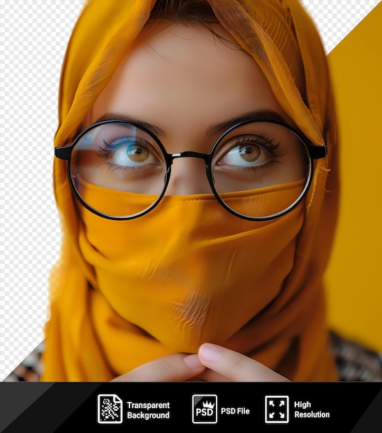 Mulher intrigada inspecionando um objeto curioso invisível usando óculos pretos e um lenço amarelo com uma mão visível no primeiro plano png psd