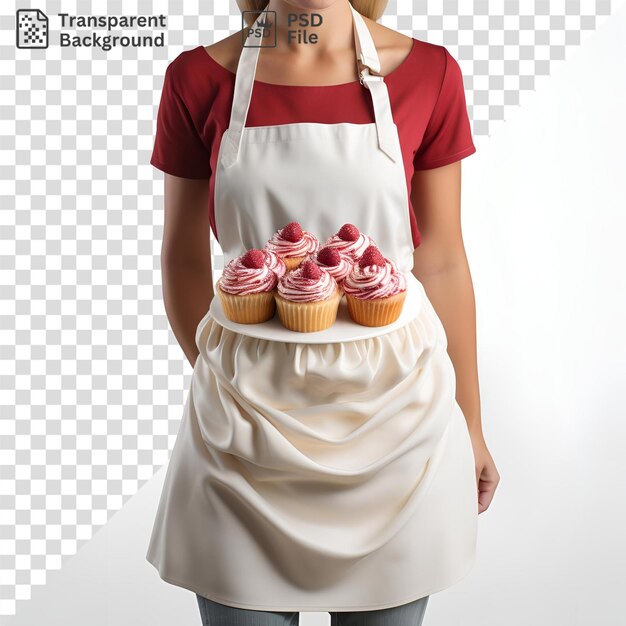 PSD mulher isolada em um avental branco segurando uma variedade de cupcakes, incluindo cupcakes rosa vermelhos e brancos com uma alça branca visível no fundo