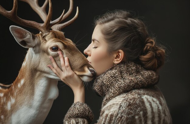 Mulher jovem a derramar amor num veado papel de parede da vida selvagem