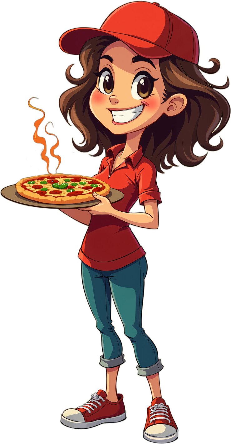 PSD mulher jovem alegre vestindo um boné e camisa vermelhos segurando uma pizza em uma bandeja com vapor subindo dela sugerindo que ela é uma cozinheira de pizza ou servidor isolada em fundo transparente