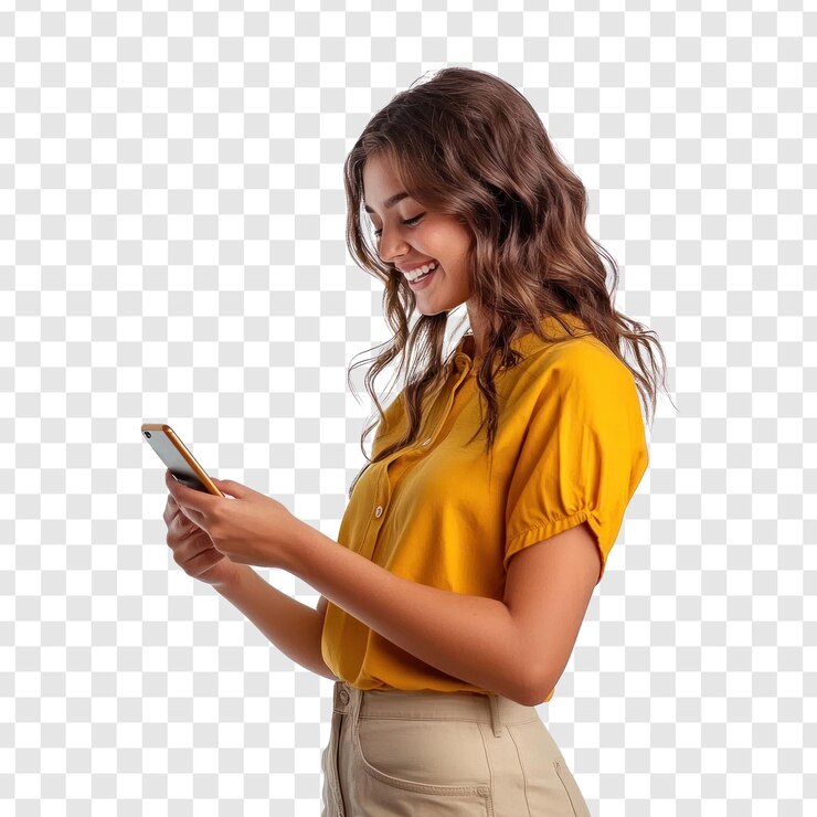 PSD mulher jovem atraente excitada olhando para seu telefone móvel de pé vista lateral isolada em fundo transparente