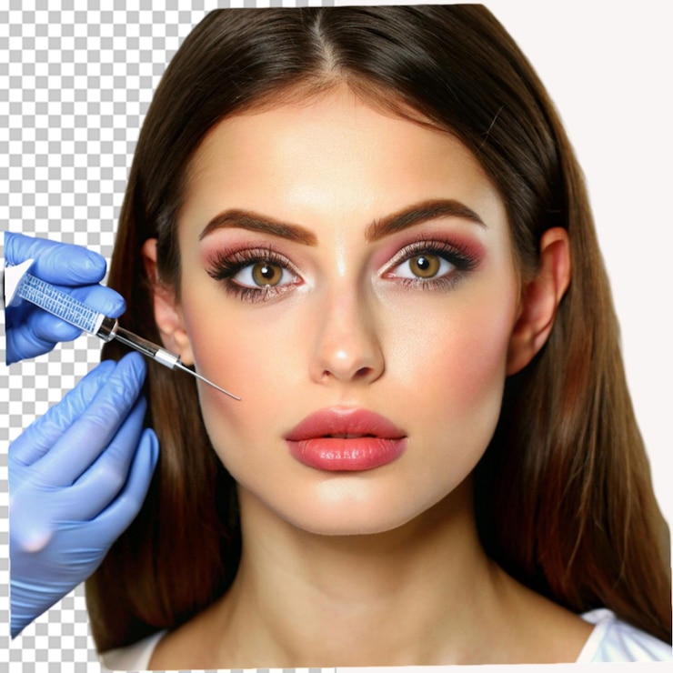 PSD mulher jovem atraente recebendo tratamento de botox em um fundo transparente
