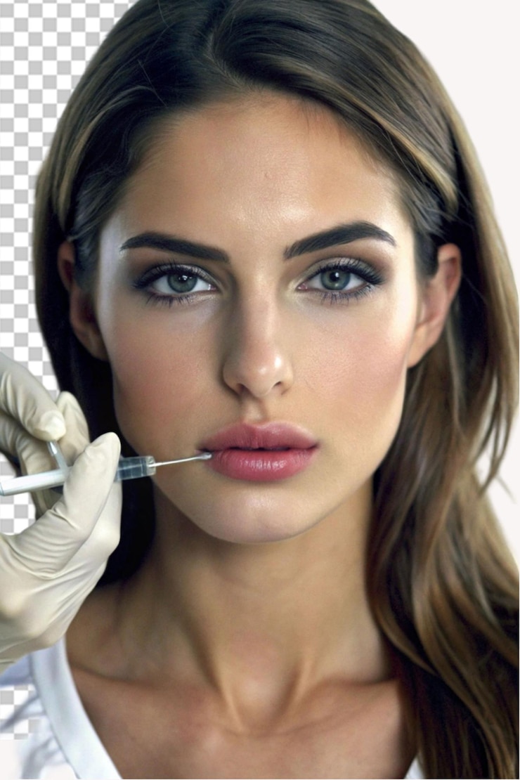 PSD mulher jovem atraente recebendo tratamento de botox em um fundo transparente