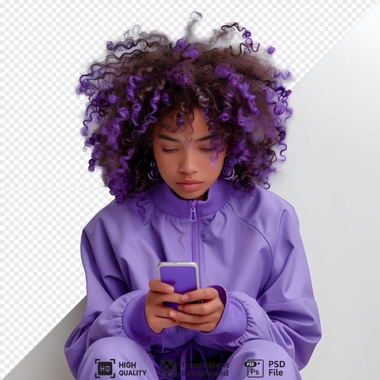 PSD mulher jovem com cabelo encaracolado roxo sentada em frente a um fundo branco em uma roupa roxa olhando para seu telefone com uma expressão séria isolada em um fundo transparente
