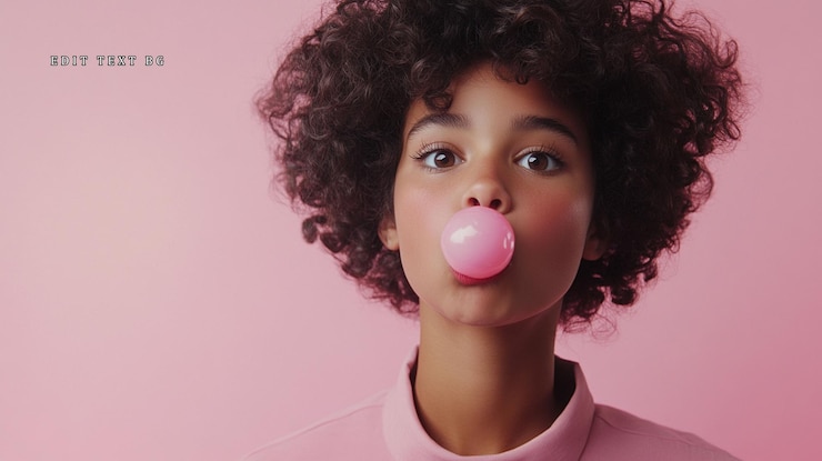 PSD mulher jovem com cabelo encaracolado soprando chiclete rosa contra fundo rosa