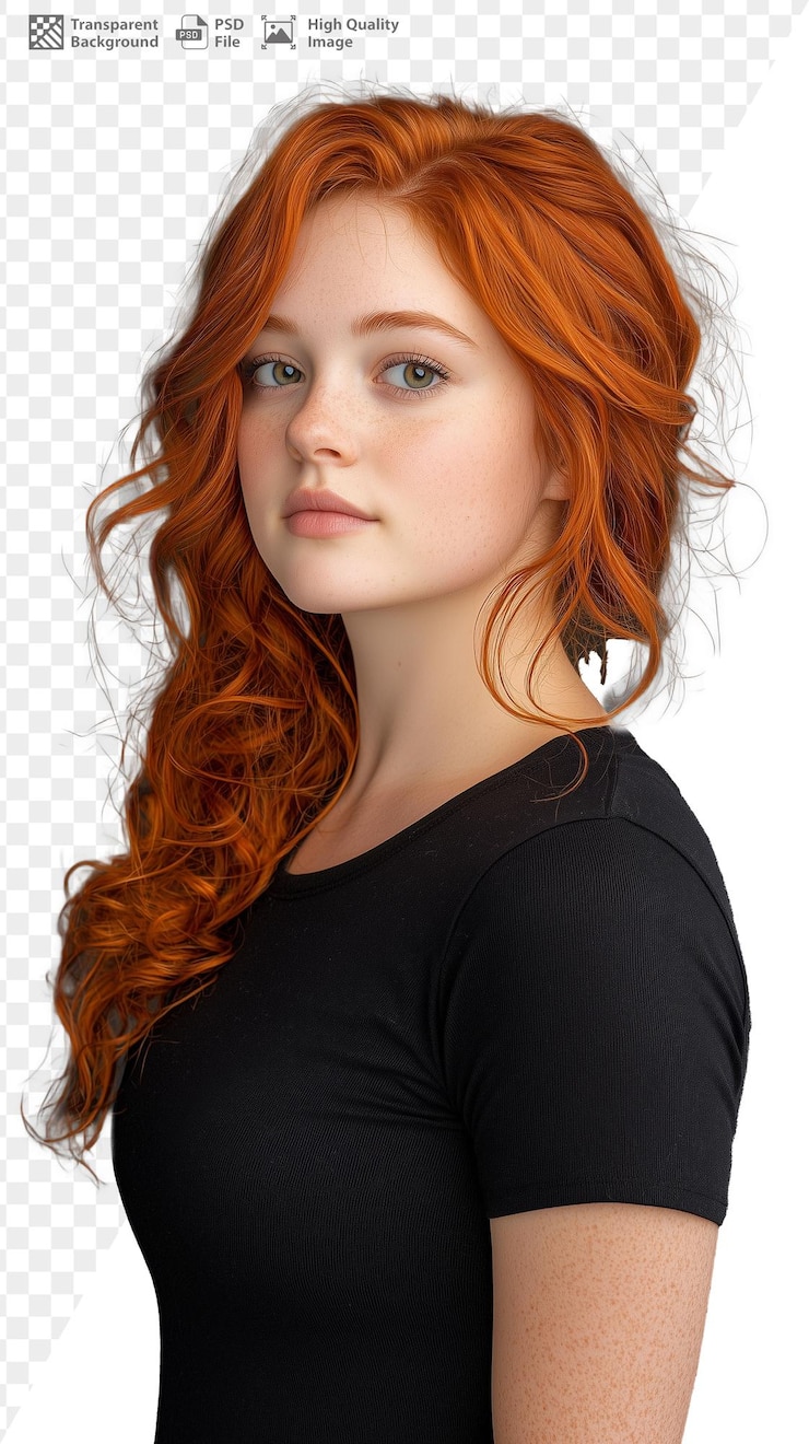 PSD mulher jovem com cabelos vermelhos vibrantes em perfil em fundo transparente