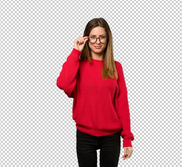 Mulher jovem, com, camisola vermelha, com, óculos, e, surpreendido