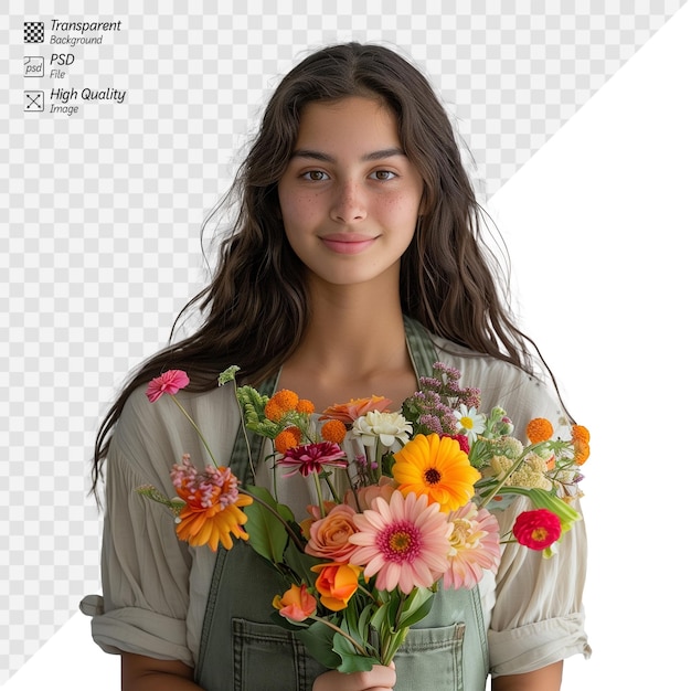 Mulher jovem com um bouquet vibrante de flores frescas