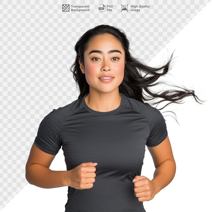Mulher jovem correndo energicamente em roupas atléticas em fundo transparente