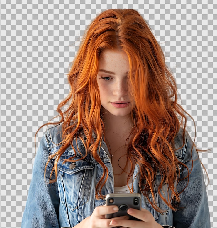 PSD mulher jovem de cabelo vermelho olhando para um smartphone em fundo transparente