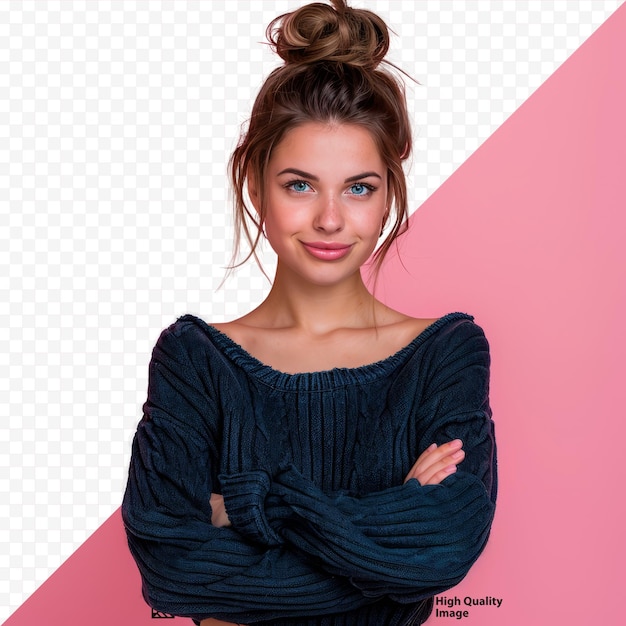 Mulher jovem e atraente em roupas casuais, usando o cabelo em coque, olhando para a câmera com um sorriso encantador e amigável, em pé com os braços cruzados, isolado sobre fundo rosa com copyspace