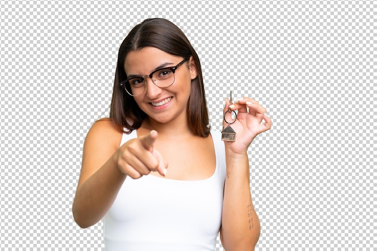 PSD mulher jovem e bonita sobre fundo de chave de croma isolado