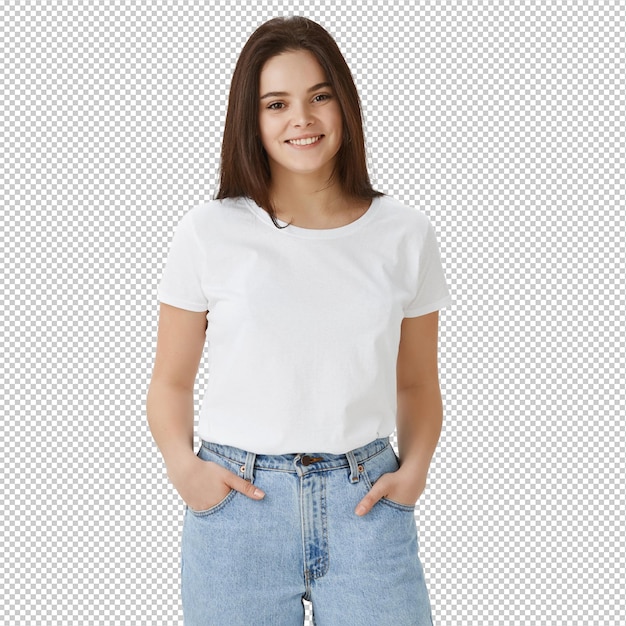 Mulher jovem e elegante feliz posando contra uma parede branca