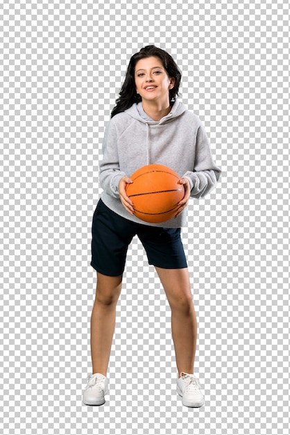 Mulher jovem, jogando basquete