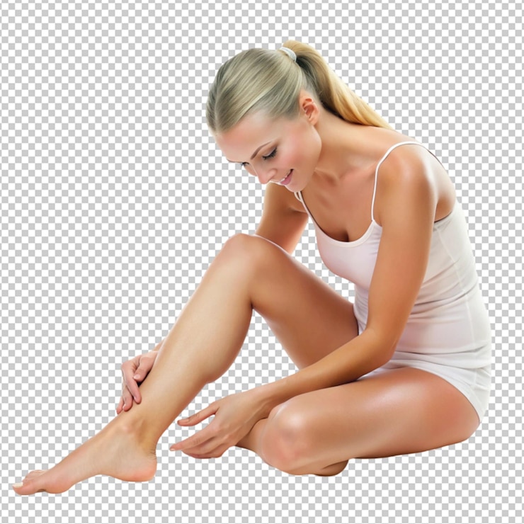 PSD mulher jovem massageando as pernas isolada em fundo transparente