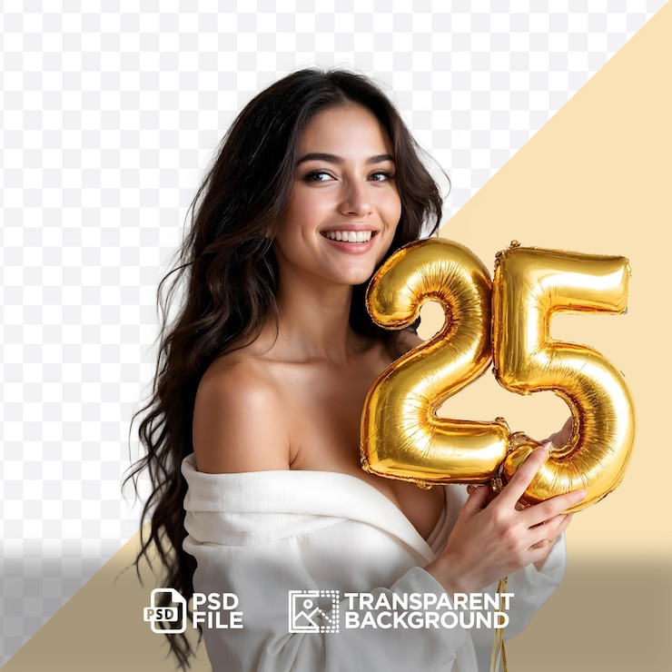 PSD mulher jovem segurando balões dourados de 2025