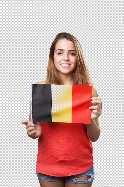 Mulher jovem, segurando, um, bandeira bélgica, branco