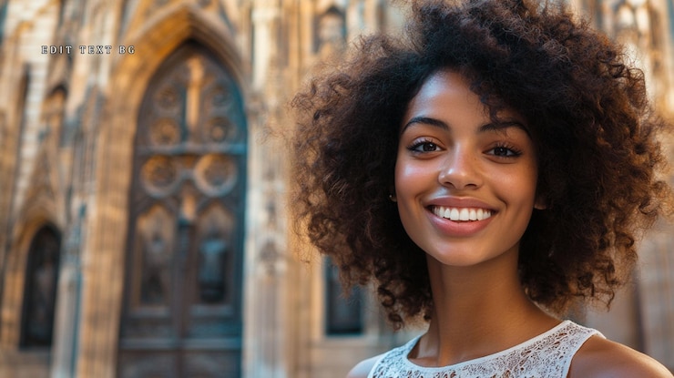 PSD mulher jovem sorridente com penteado afro na frente do edifício antigo