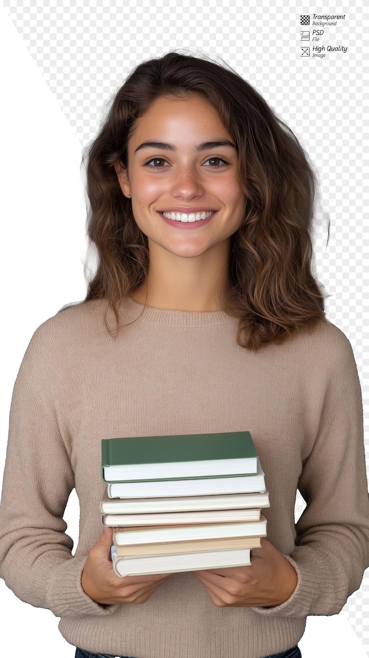 PSD mulher jovem sorridente com uma pilha de livros simbolizando conhecimento e estudo em fundo transparente