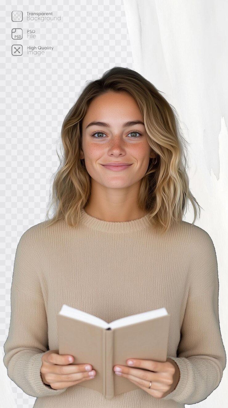 PSD mulher jovem sorridente segurando um livro branco em fundo transparente