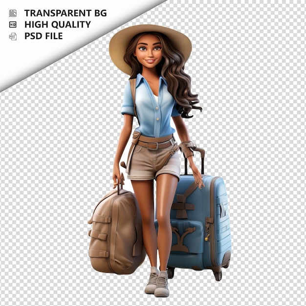 PSD mulher latina viajando em 3d estilo de desenho animado com fundo branco