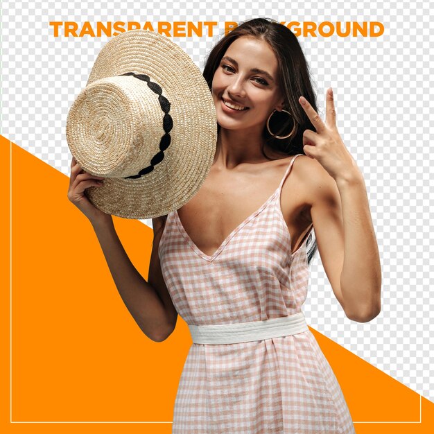 Mulher linda com chapéu fazendo gesto de mão em férias de verão com fundo transparente