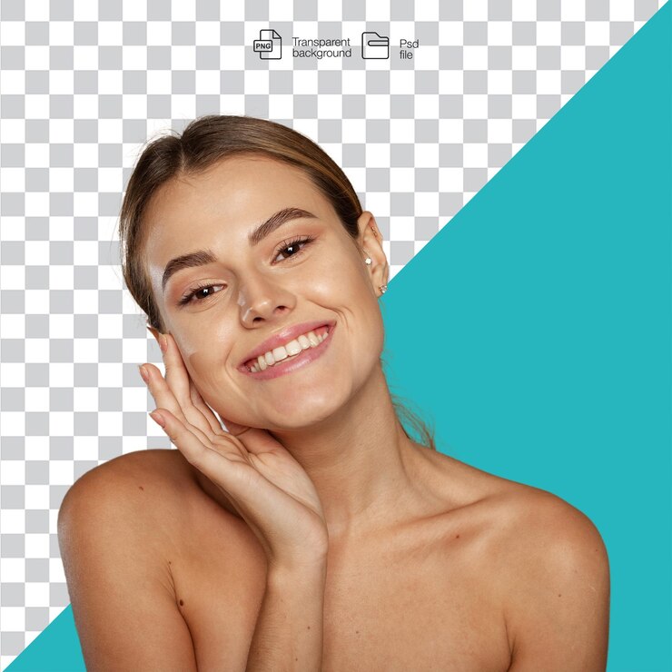 PSD mulher linda sorrindo e tocando seu rosto em fundo transparente