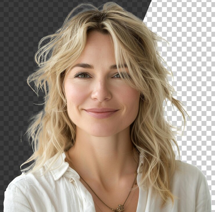 PSD mulher loira com colar e camisa branca sorrindo em fundo transparente