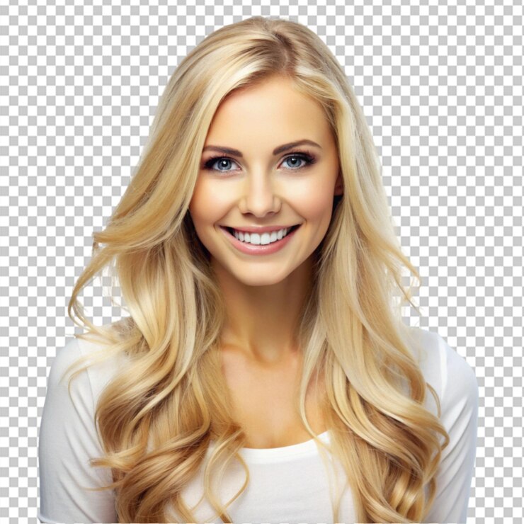 PSD mulher loira com sorriso e cabelo longo em fundo transparente