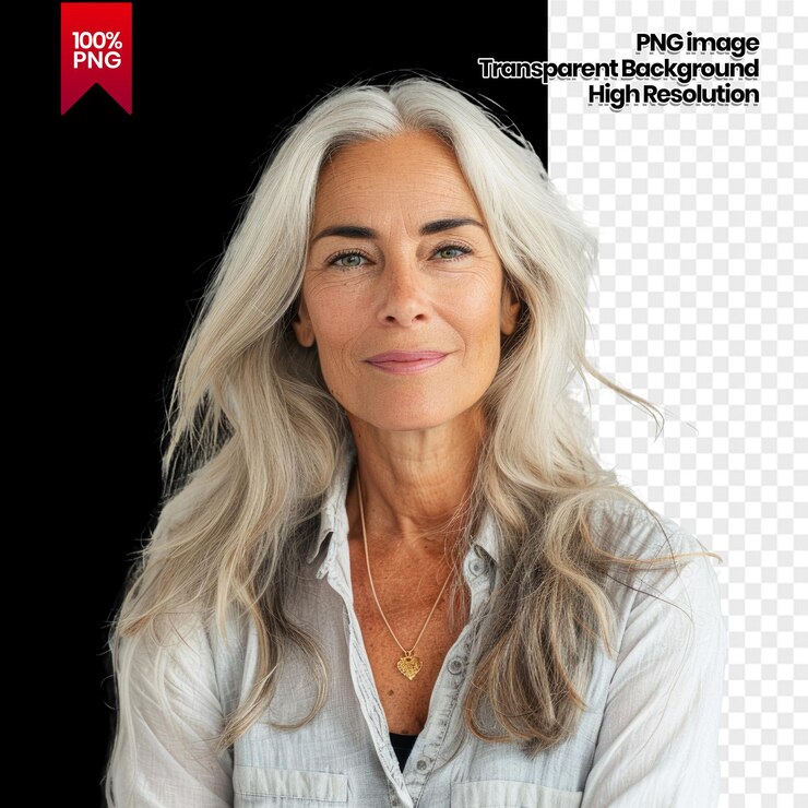 PSD mulher madura com cabelos grisalhos e colar de ouro retrato isolado