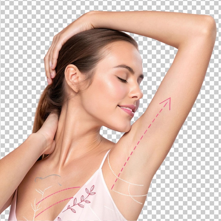 PSD mulher magra em roupa interior com contornos desenhados em torno de uma figura posando mostrando sua forma corporal adequada