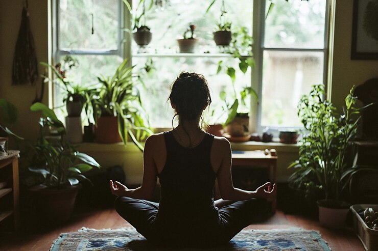PSD mulher meditando em uma sala com muitas plantas por uma grande janela