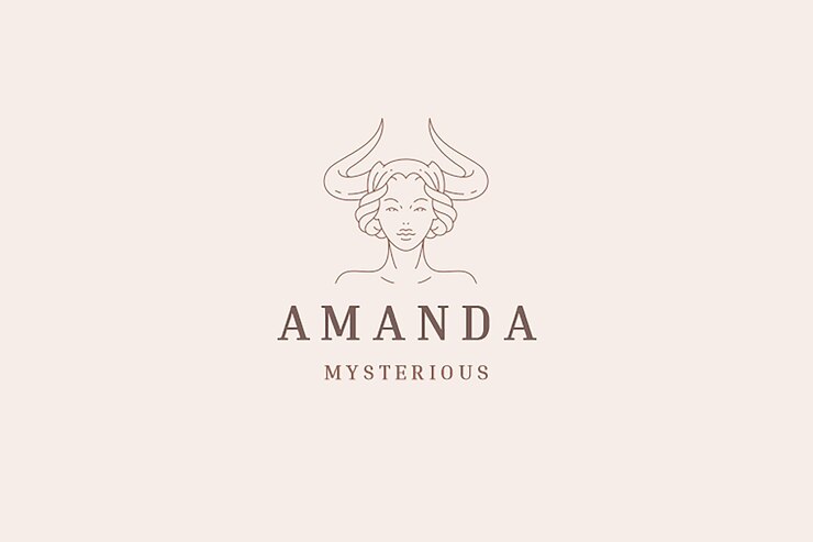 PSD mulher misteriosa com chifres, deusa bruxa, retrato, silhueta, arte de linha, modelo de design de logotipo