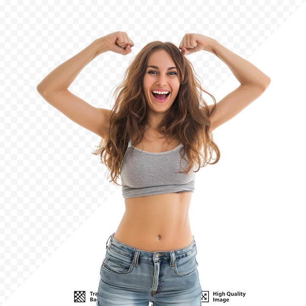 Mulher mostrando seu sucesso depois de perder peso