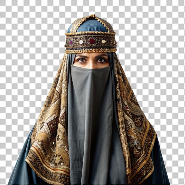 PSD mulher muçulmana coberta vestindo niqab isolada em um fundo transparente