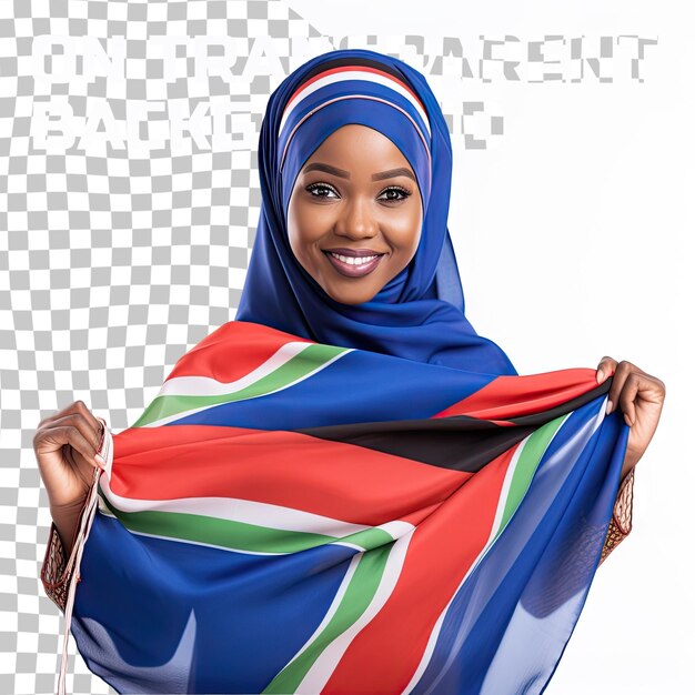 PSD mulher muçulmana de hijab segura a bandeira da namíbia isolada em fundo transparente