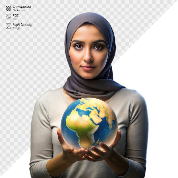 PSD mulher muçulmana de hijab segurando um globo terrestre brilhante