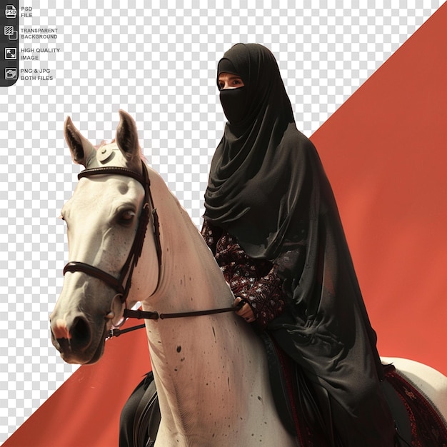 PSD mulher muçulmana montando cavalo branco isolada em fundo transparente png