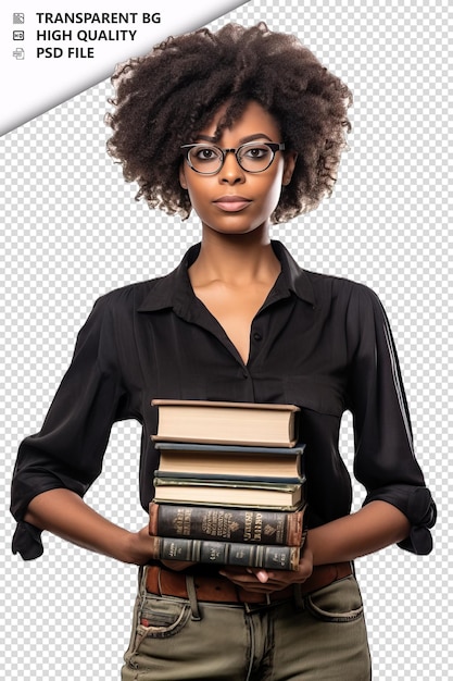 Mulher negra bibliotecária em fundo branco branco isolado