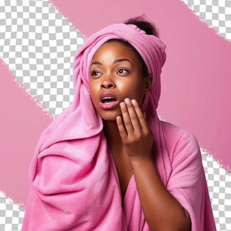 PSD mulher negra com toalha rosa cheirando algo terrível cobrindo o nariz
