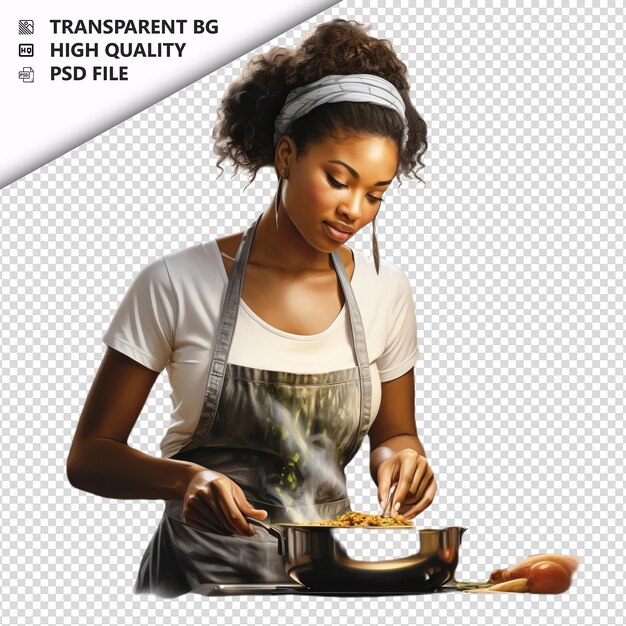 PSD mulher negra cozinhando estilo ultra-realista fundo branco