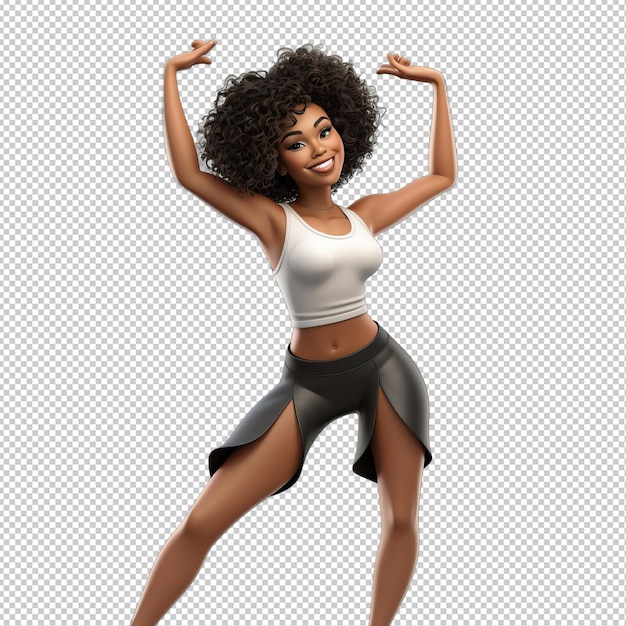 PSD mulher negra dançando 3d estilo de cartoon iso de fundo transparente