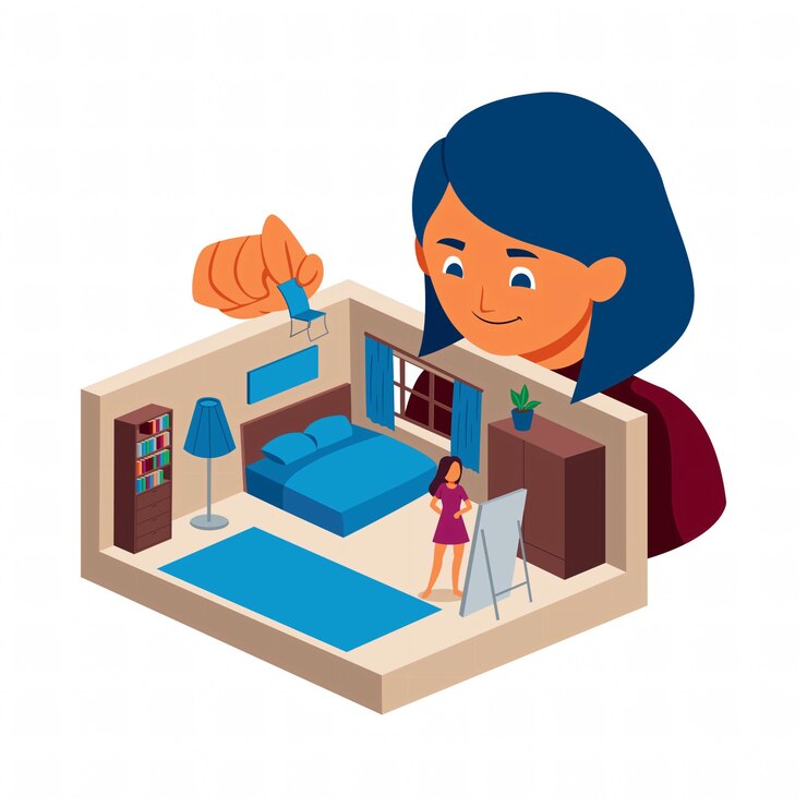 PSD mulher olhando para o design de interiores da casa de bonecas