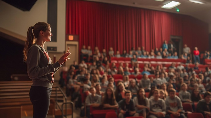 PSD mulher oradora no palco na frente de uma grande audiência em um teatro