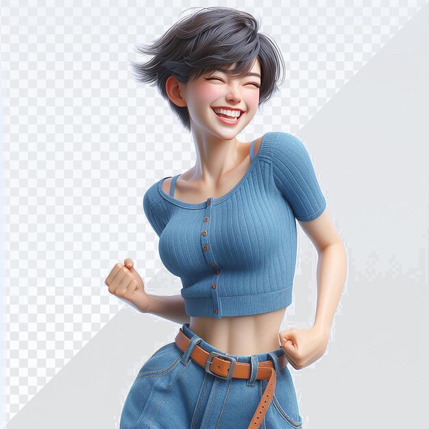 PSD mulher oriental vestida de azul modelo dançando tremendo rindo isolado fundo transparente rosto png