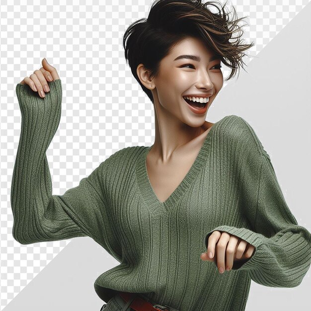 PSD mulher oriental vestida de verde modelo dançando tremendo rindo isolado fundo transparente rosto png