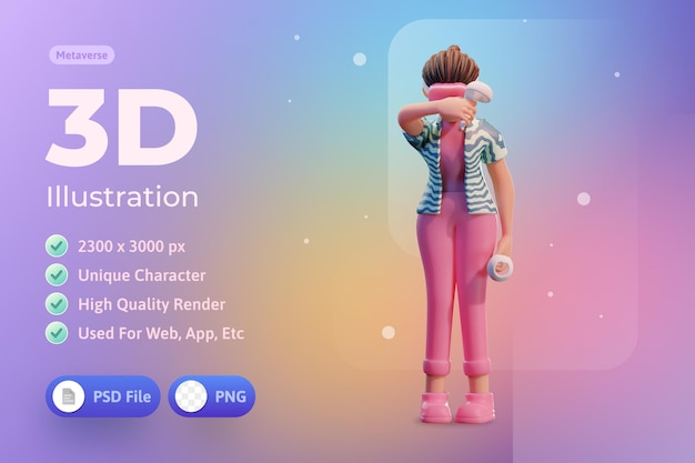 PSD mulher personagem com fone de ouvido vr metaverse 3d illustration