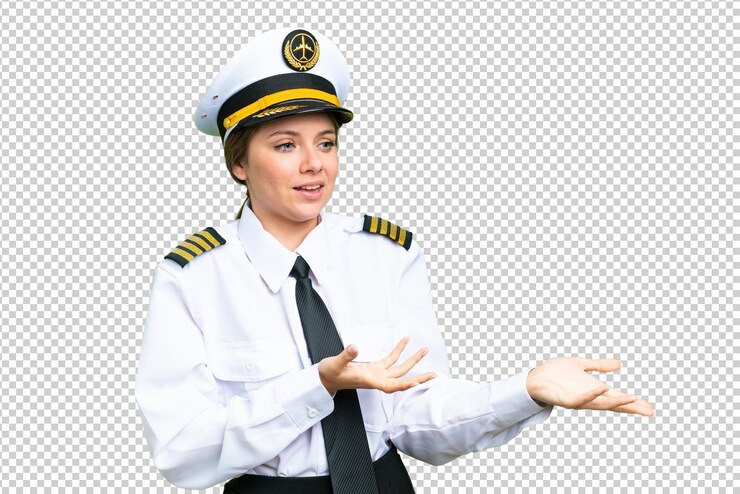PSD mulher piloto de avião sobre fundo de chave de croma isolado com expressão facial de surpresa