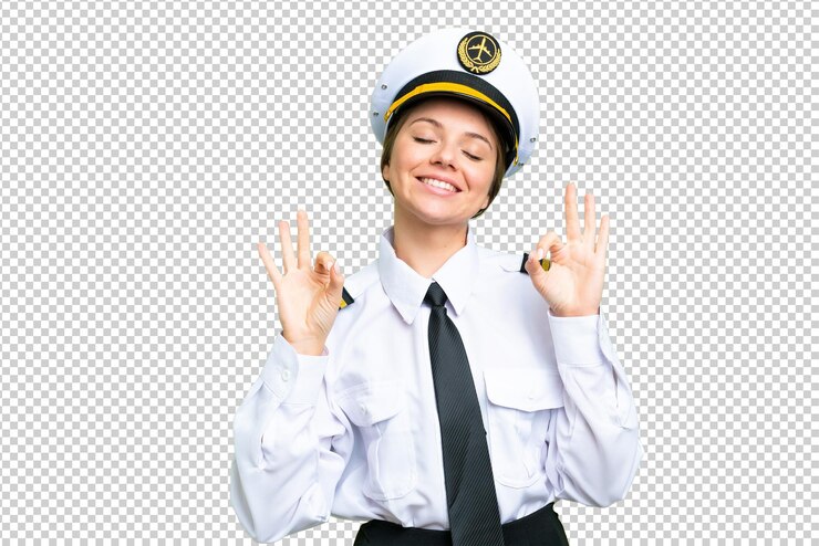 PSD mulher piloto de avião sobre fundo de chave de croma isolado em pose zen
