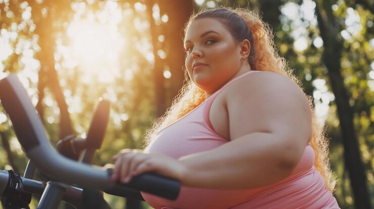 PSD mulher plussize se exercitando ao ar livre em uma bicicleta estacionária ao pôr do sol